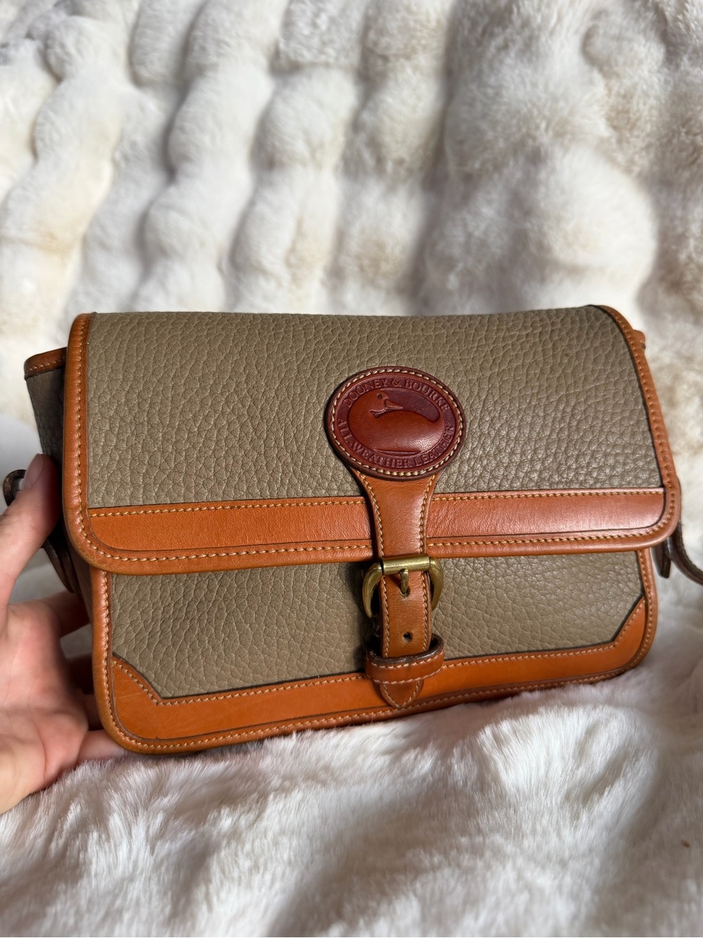 Dooney & Bourke Taupe and Tan Pebbled Leather Messenger Bag